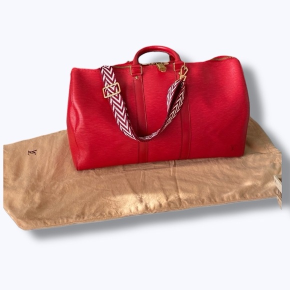 Louis Vuitton Red Epi Leather 45 Boston Bag Keepall Duffel Red Strap LV Dustbag - Picture 3 of 17